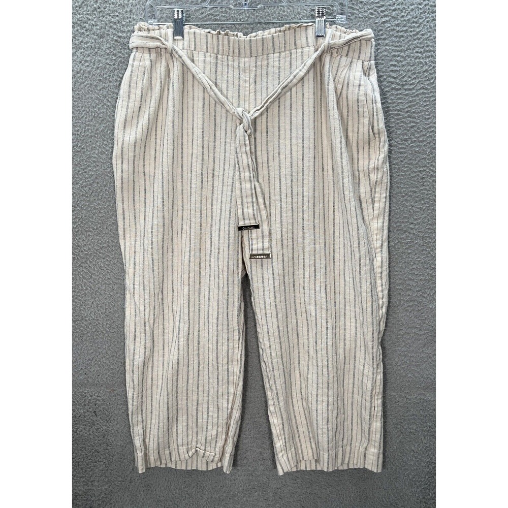 Calvin Klein Pants Womens Large White Blue Striped Linen Blend Cropped Nautical